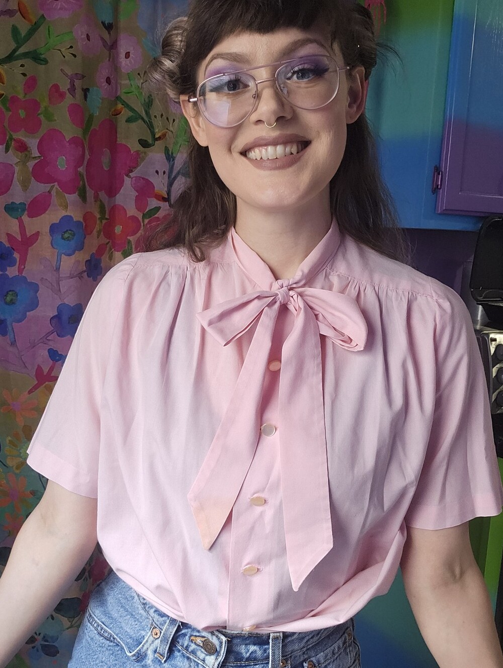 Vintage Short Sleeve Pink Pussybow Button Front Blouse